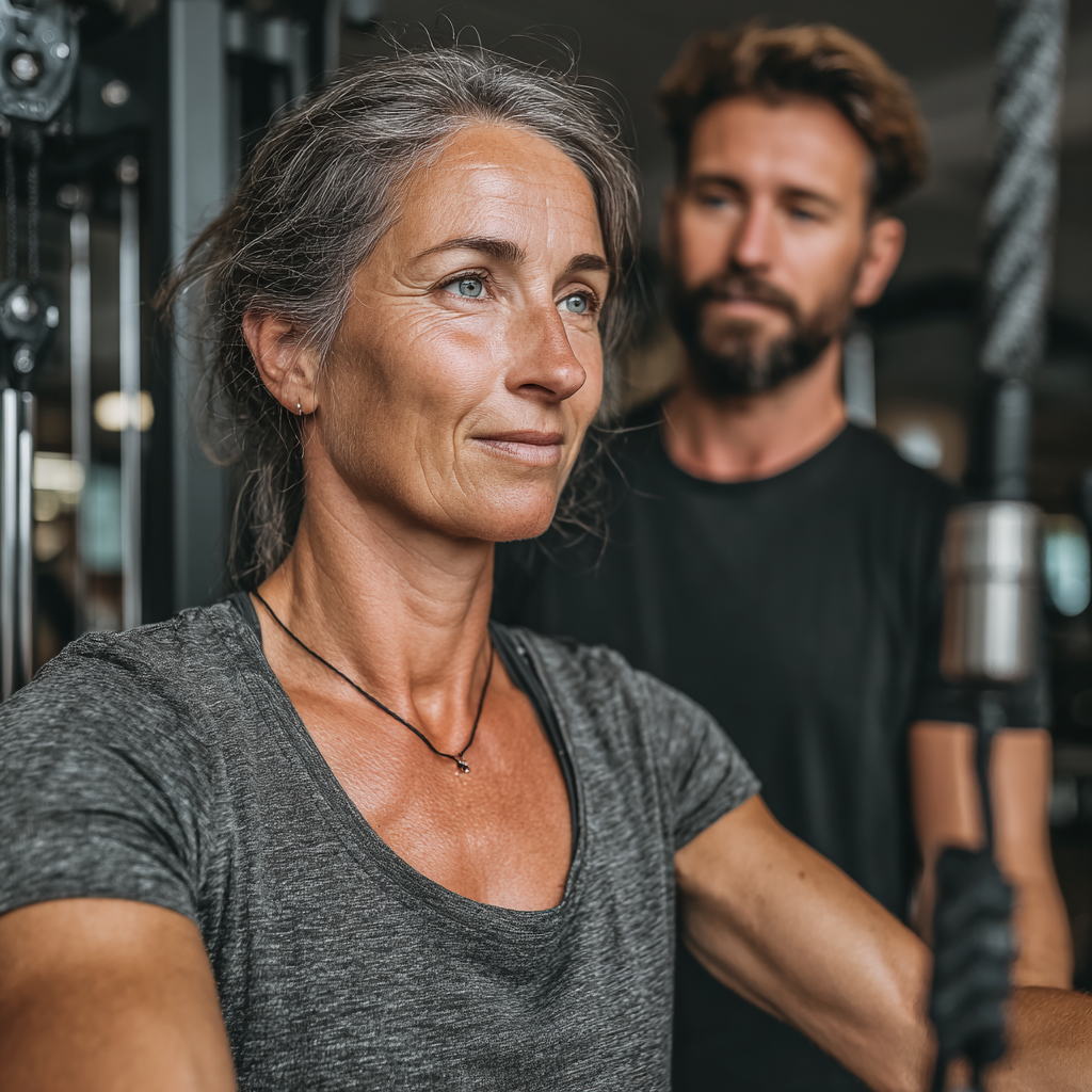 Жінка 52 років займається на функціональному тренажері під наглядом професійного тренера