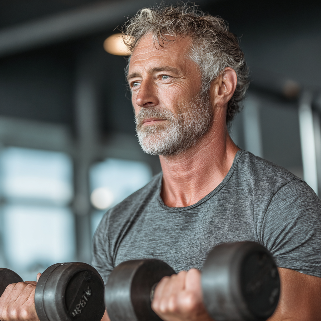 Чоловік 55 років виконує силові вправи з гантелями у сучасному спортзалі