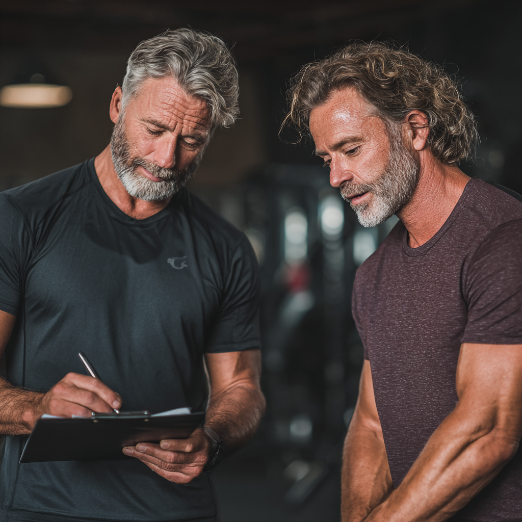 Тренер віком 58 років консультує клієнтку в залі halturemn, обговорюючи програму тренувань