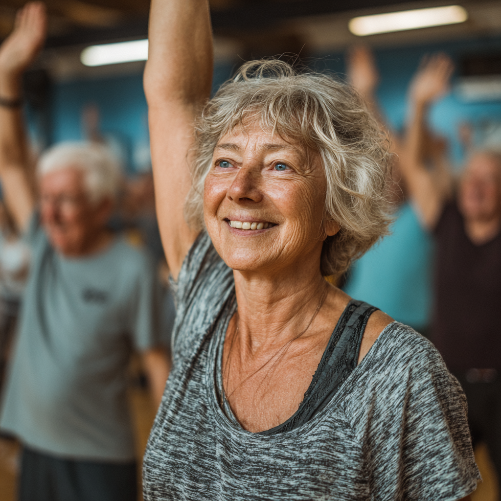 Група людей віком 50-60 років виконує функціональні вправи в просторому залі halturemn